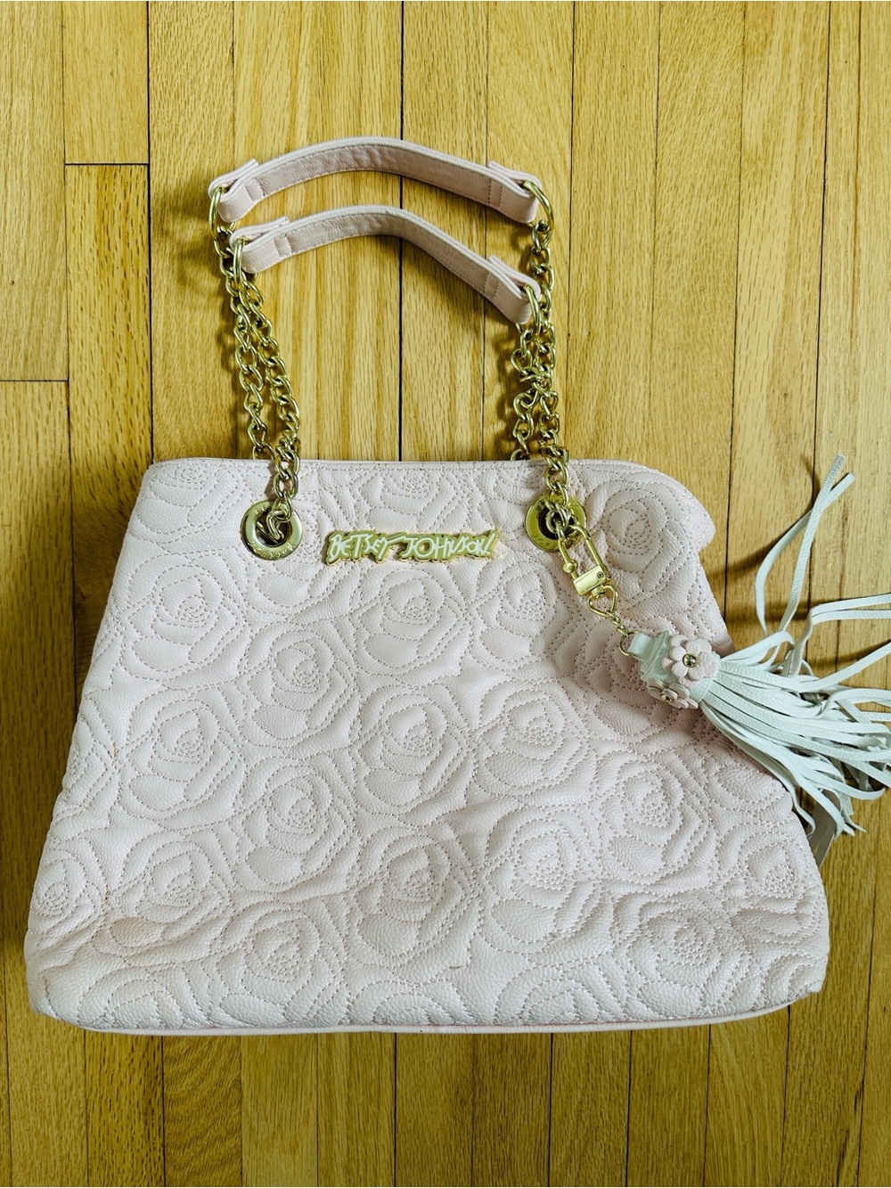 Betsey Johnson baby pink roses bag with gold chains and white tassel vegan